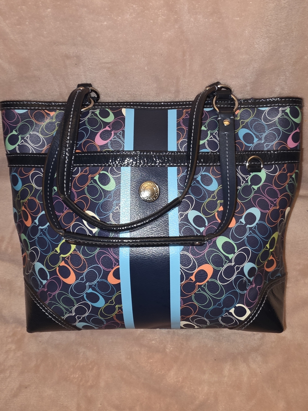 Coach Chelsea Multicolor Patterned Tote Bag with Blue Stripe F15139